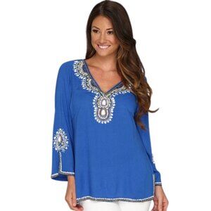 Lilly Pulitzer Braydon Tunic Top Beaded V-Neck Long Sleeve Blouse - Medium